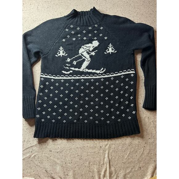 Chaps Women’s Large Black Mock Neck Sweater with Skier & Snowflake Design - Picture 1 of 5